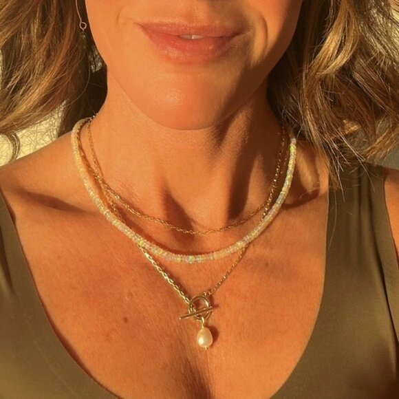 Gold Toggle Necklace w/Pearl non-tarnish Gold Chain Necklace WATERPROOF necklace - Picture 3 of 14